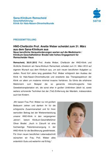Sana-Klinikum Remscheid HNO-Chefärztin Prof. Anette Weber ...