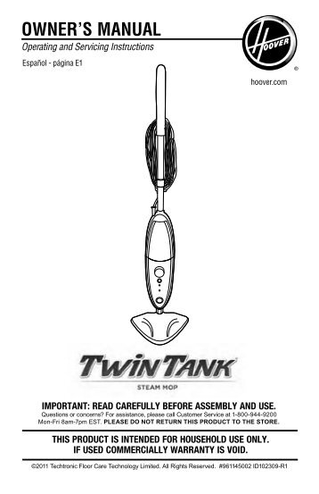 Hoover TwinTankâ¢ Steam Mop - WH20200 - Manual