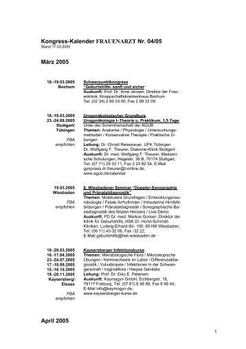 Kongress-Kalender FRAUENARZT Nr. 04/05 März 2005 April 2005