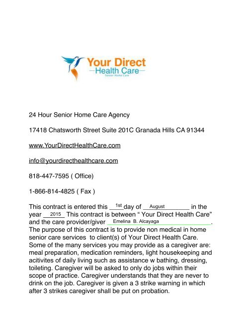 Caregiver Contract for Emelina Direct Health Care