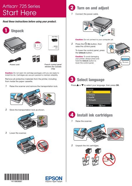 Epson Epson Artisan 725 All In One Printer Arctic Edition Start Here Installation Guide 5724