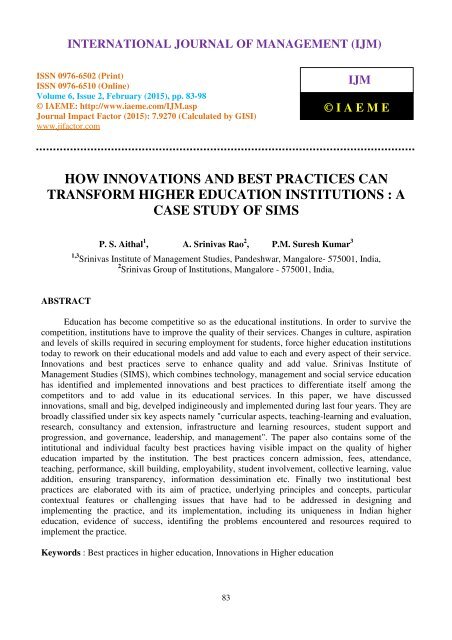 How Innovations and Best Practices can Transform Higher Education Institutions : A case study of SIMS