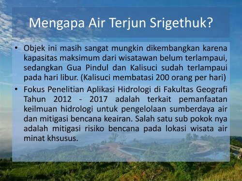 Mewujudkan Masyarakat Tangguh Bencana Dalam Pengelolaan Wisata Berkelanjutan Berbasis Manajemen Bencana Melalui Inisiasi Early Warning System di Lokasi Air Terjun Srigethuk 