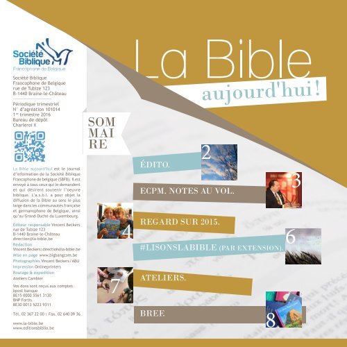 La Bible Aujourd'hui ! janvier-mars 2016