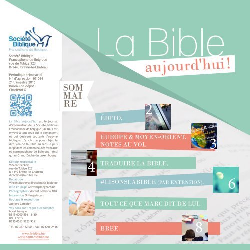 La Bible Aujourd'hui ! avril-juin 2016