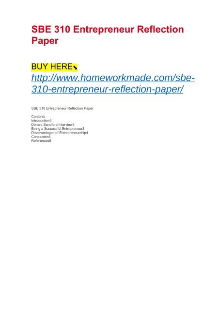 SBE 310 Entrepreneur Reflection Paper