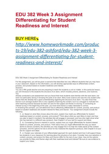 EDU 382 Week 3 Assignment Differentiating for Student Readiness and Interest