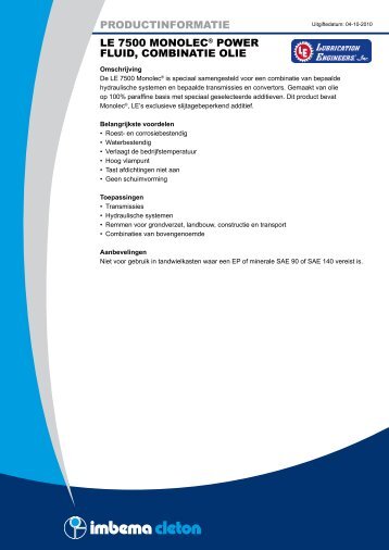 PRODUCTINFORMATIE LE 7500 MONOLEC ... - Imbema Cleton
