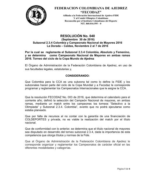 Carta a la Federación Internacional de Ajedrez