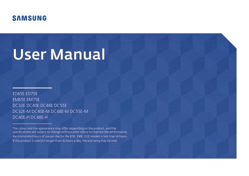 Samsung Ecran LFD 48'' - 350 cd/m&sup2; DC48E (LH48DCEPLGC/EN ) - Manuel de l'utilisateur 1.72 MB, pdf, Anglais