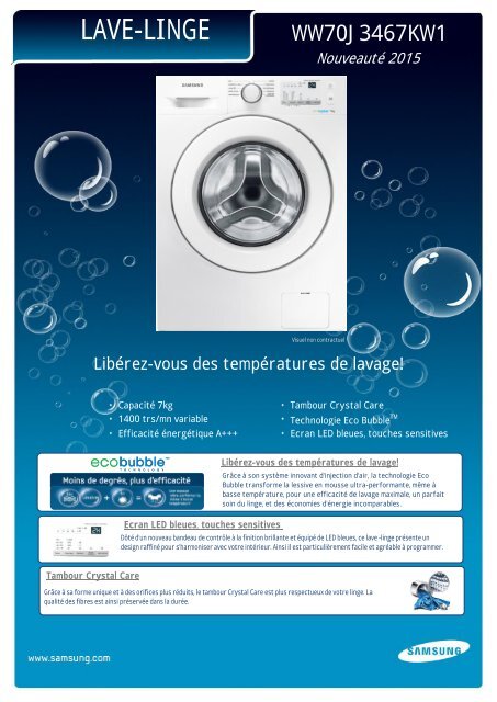 Samsung Lave linge hublot Samsung ECO BUBBLE WW70J3467KW1EF - fiche produit