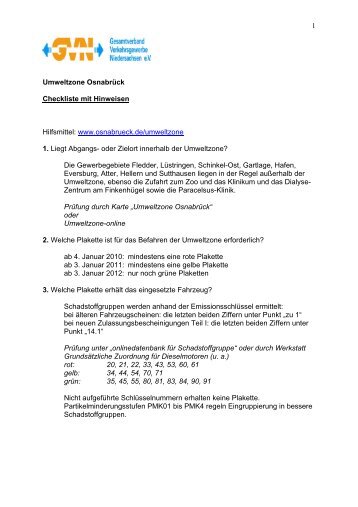 1 Umweltzone Osnabrück Checkliste mit Hinweisen ... - GVN