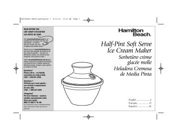 Hamilton Beach Half Pintâ¢ Soft-Serve Ice Cream Maker - Green (68551E) - Use and Care Guide