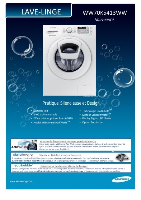 Samsung Lave linge hublot Samsung ADD WASH WW70K5413WW - fiche produit