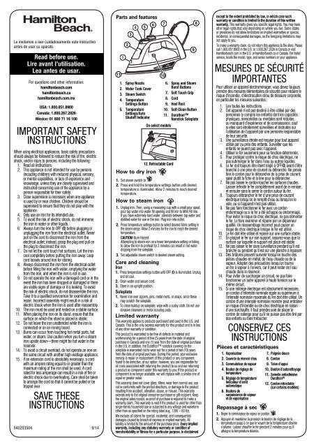 Hamilton Beach Durathon® Digital Iron (19900) - Use and Care Guide