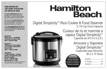 Hamilton Beach Digital Simplicityâ¢ 2-14 Cup Rice Cooker and Steamer (37549) - Operation Manual