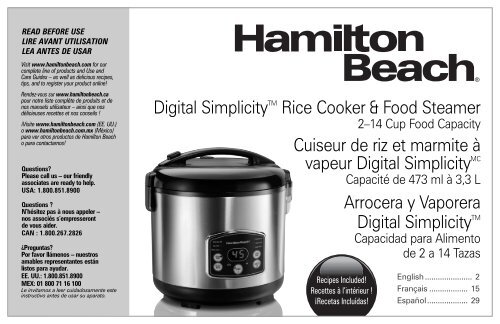 Hamilton Beach Digital Simplicity&trade; 2-14 Cup Rice Cooker and Steamer (37549) - Operation Manual