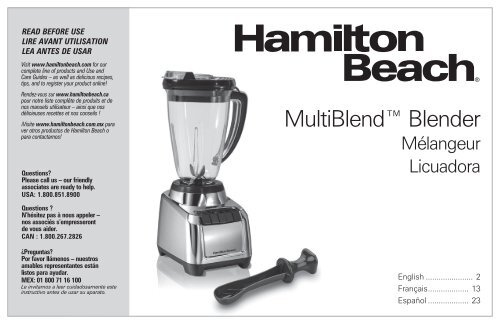 Hamilton Beach MultiBlend&trade; Blender (53511) - Use and Care Guide