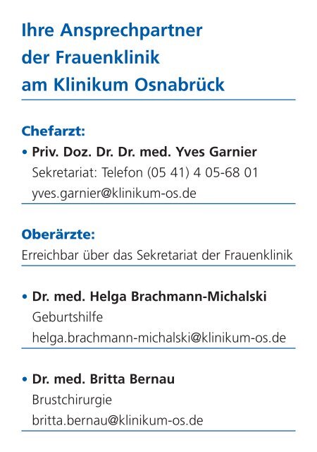 Ihre Ansprechpartner der Frauenklinik am Klinikum Osnabrück finden