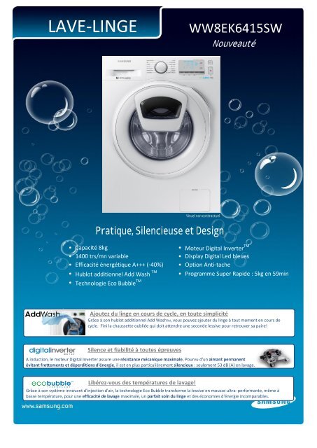 Samsung Lave linge hublot Samsung ADDWASH WW 8EK6415 SW - fiche produit