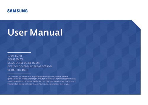 Samsung Ecran LFD 40'' - 350 cd/m&sup2; DC40E (LH40DCEPLGC/EN ) - Manuel de l'utilisateur 1.72 MB, pdf, Anglais