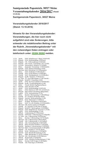 Veranstaltungskalender Papenteich November 2016