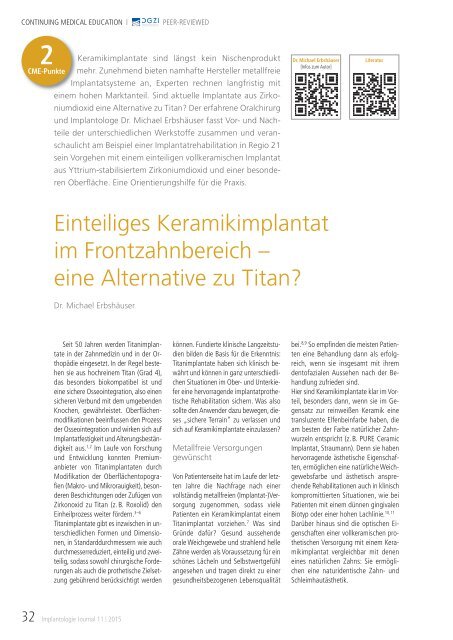 Dr. Erbshäuser Implantologie Journal 11_2015 Keramikimplantat