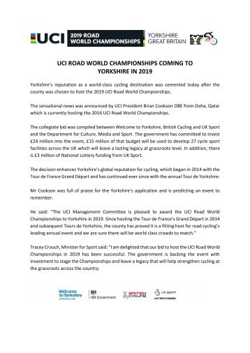 UCI ROAD WORLD CHAMPIONSHIPS COMING TO YORKSHIRE IN 2019