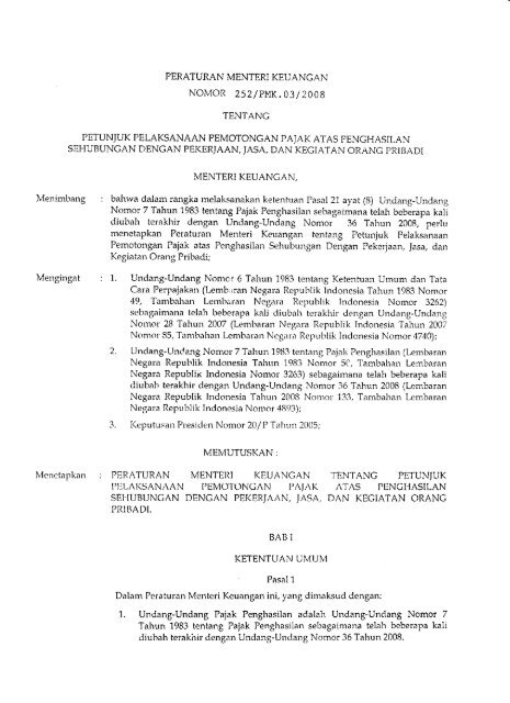 peraturan menteri keuangan nomor 252/pmk.03/2008 peraturan menteri keuangan nomor 252/pmk.03/2008