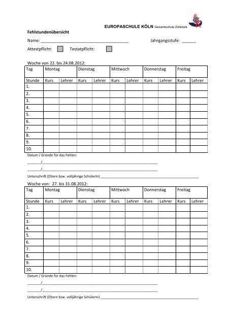 Fehlstundenübersicht - Europaschule Köln