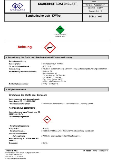 Synthetische Luft N2 O2 Gemisch - KRAISS &amp; FRIZ