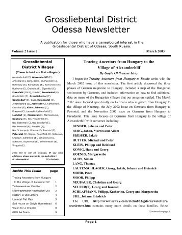 Grossliebental District Odessa Newsletter - GRHS Home Page