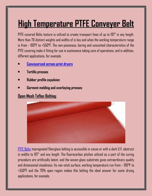 High Temperature Conveyer PTFE Belts