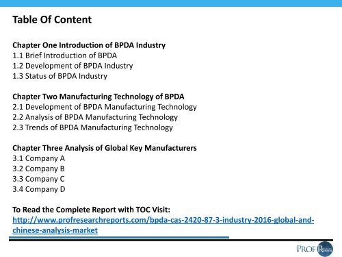 BPDA (CAS 2420-87-3) INDUSTRY REPORT