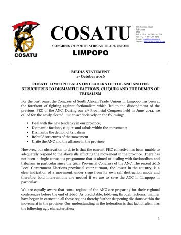 Media Statement - COSATU Limpopo calls on leaders of the ANC to dismantle factions