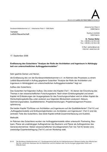 17. September 2008 Endfassung des Gutachtens "Analyse der Rolle ...