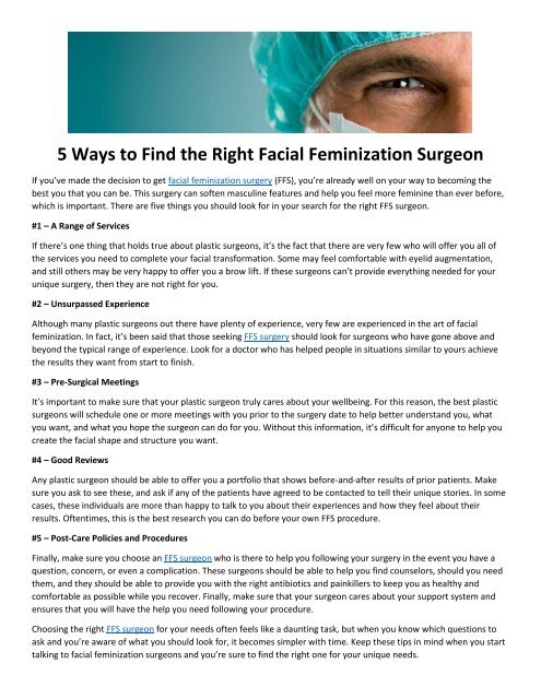 5 Ways to Find the Right Facial Feminization Surgeon