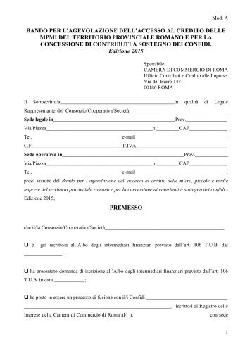 Mod  A - modulo di domanda - Bando Confidi 2015