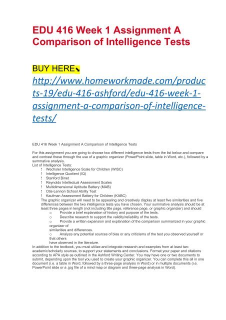 EDU 416 Week 1 Assignment A Comparison of Intelligence Tests