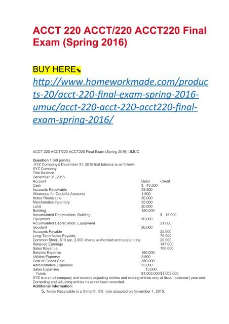 ACCT 220 ACCT:220 ACCT220 Final Exam (Spring 2016)