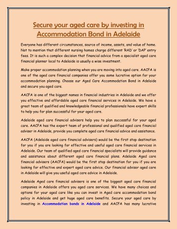 Secure your aged care by investing in Accommodation Bond in Adelaide