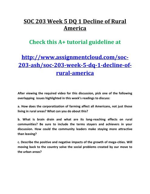 SOC 203 Week 5 DQ 1 Decline of Rural America