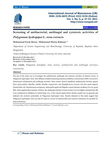 Screening of antibacterial, antifungal and cytotoxic activities of Polygonum hydropiper L. stem extracts