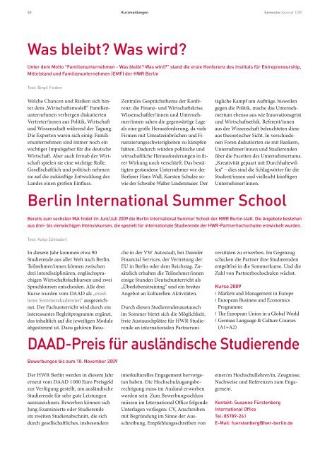 SemesterJournal 1/09 - MBA Programme der HWR Berlin