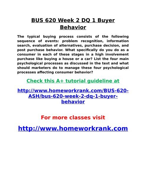 BUS 620 Week 2 DQ 1 Buyer Behavior