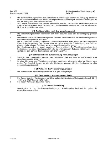 R+V/VTV Bedingungsheft Agrar Gesamt-Inhaltsverzeichnis