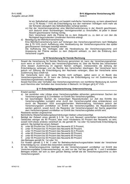 R+V/VTV Bedingungsheft Agrar Gesamt-Inhaltsverzeichnis