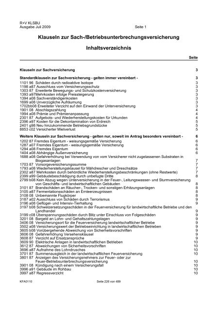 R+V/VTV Bedingungsheft Agrar Gesamt-Inhaltsverzeichnis