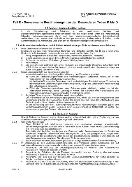 R+V/VTV Bedingungsheft Agrar Gesamt-Inhaltsverzeichnis