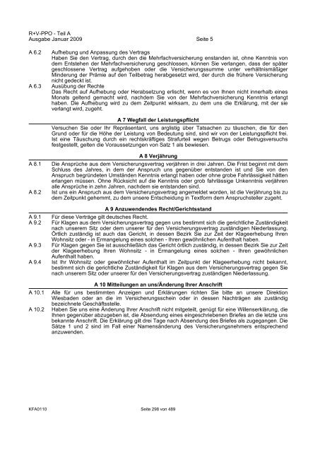 R+V/VTV Bedingungsheft Agrar Gesamt-Inhaltsverzeichnis